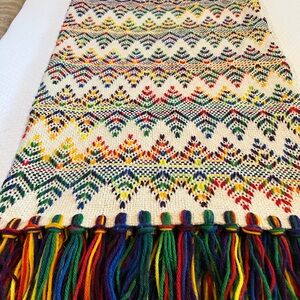 Vintage Swedish Weaving Huck Embroidery Rainbow Fringed Throw Blanket